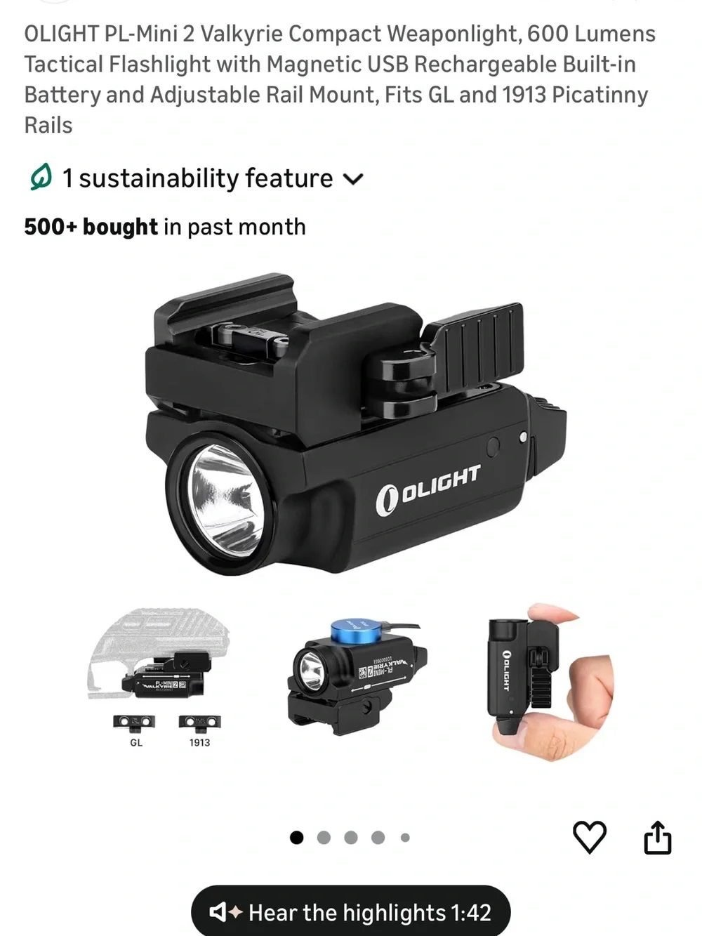 Olight PL-MINI 2 Valkyrie 600 Lumen Weapon Light - Black - Picture 5 of 6